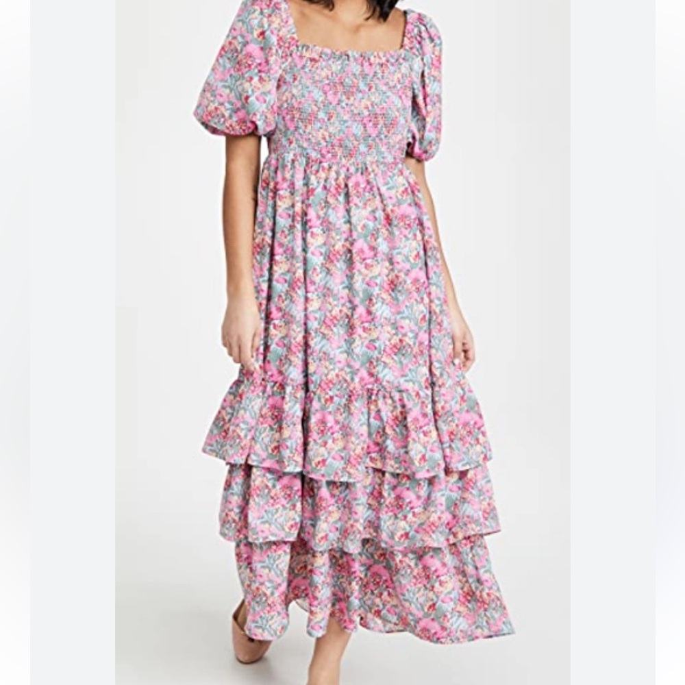 English Factory Floral Tiered Dress - Pink and Blue